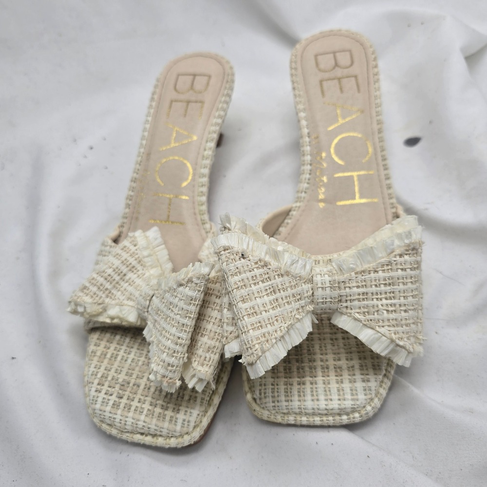 Matisse Beach Penelope Sandals Womens 8 Cream Raffia Bow Kitten Heel Mules